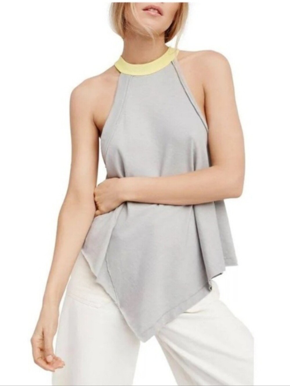 Free People Twin Peaks High Neck Halter Tank Top Gray Yellow Size Medium